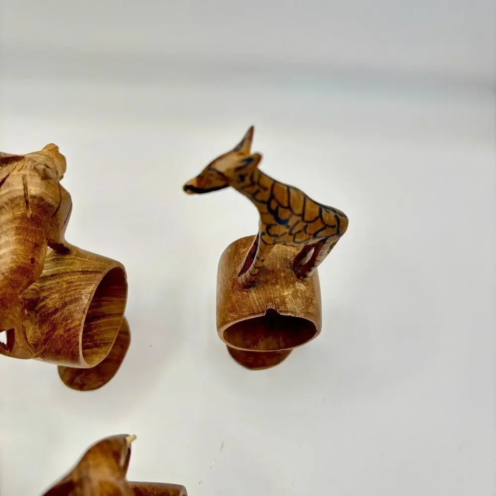 Vintage Set of 5 Hand Carved African Safari Animal Wooden Napkin Rings Footed